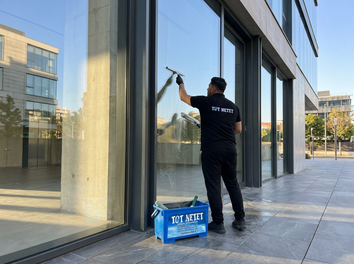 Professional de Tot Netet netejant els vidres d'un edifici
